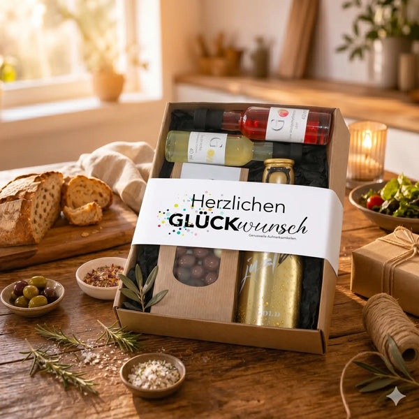 Eine rustikale braune Geschenkbox aus Karton mit einem weißen Etikett, auf dem „herzlichen Glückwunsch“ steht, und die verschiedene hochwertige Leckerbissen enthält, darunter Weinflaschen, Oliven und eine goldfarbene Dose.