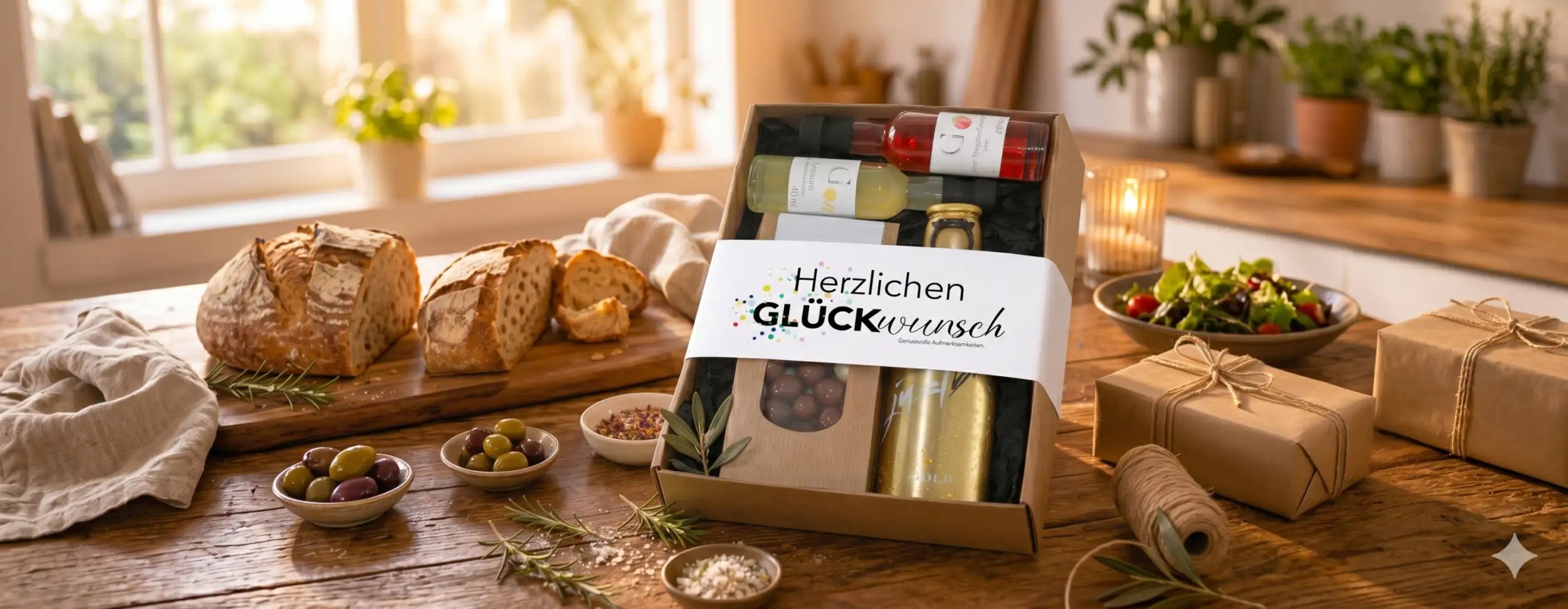 Eine rustikale Holz-Geschenkbox mit diversen Weinflaschen und einer handschriftlichen Karte.