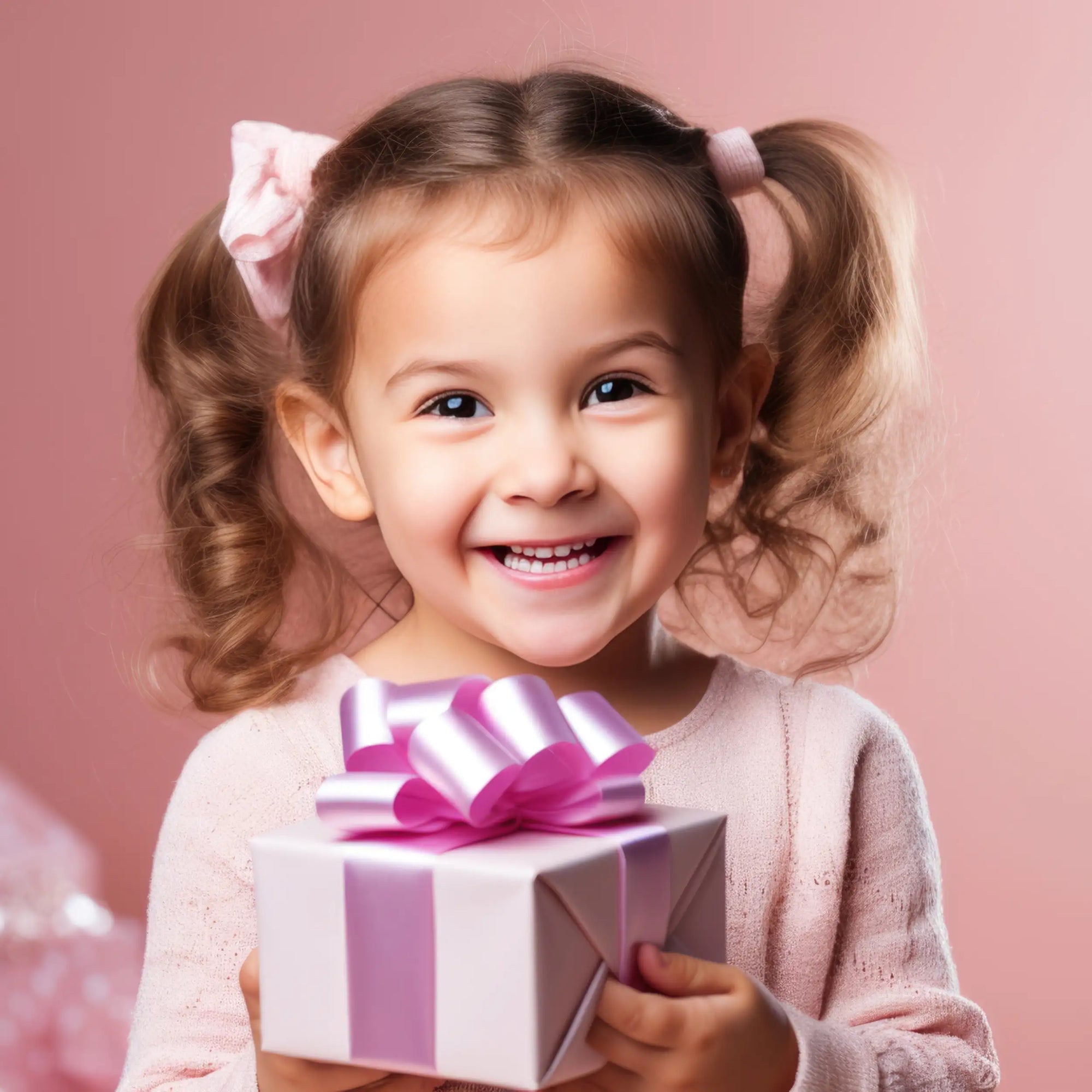 Eine rosa-weiße Geschenkbox, verziert mit einer glänzenden violetten Schleife.