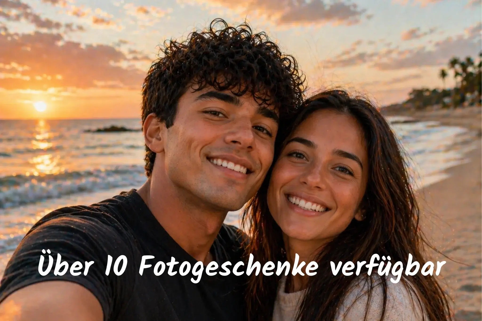 Geschenkidee mit foto als blechschild oder acrylglasbild zeigt lächelndes paar am strand bei sonnenuntergang