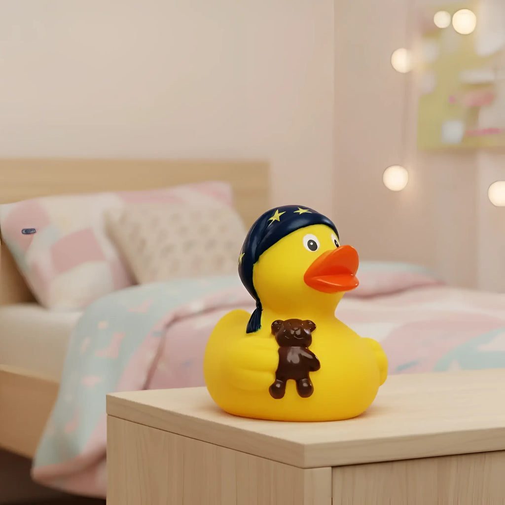 Gelbe quietsche-ente mit navy-blauem helm und goldenen sternen hält braunen teddy schlafmütze kind badeente