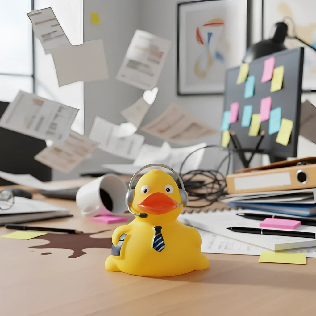 Gelbe badeente mit gestreifter krawatte und aktentasche als büro kaufmann job quietsche-ente