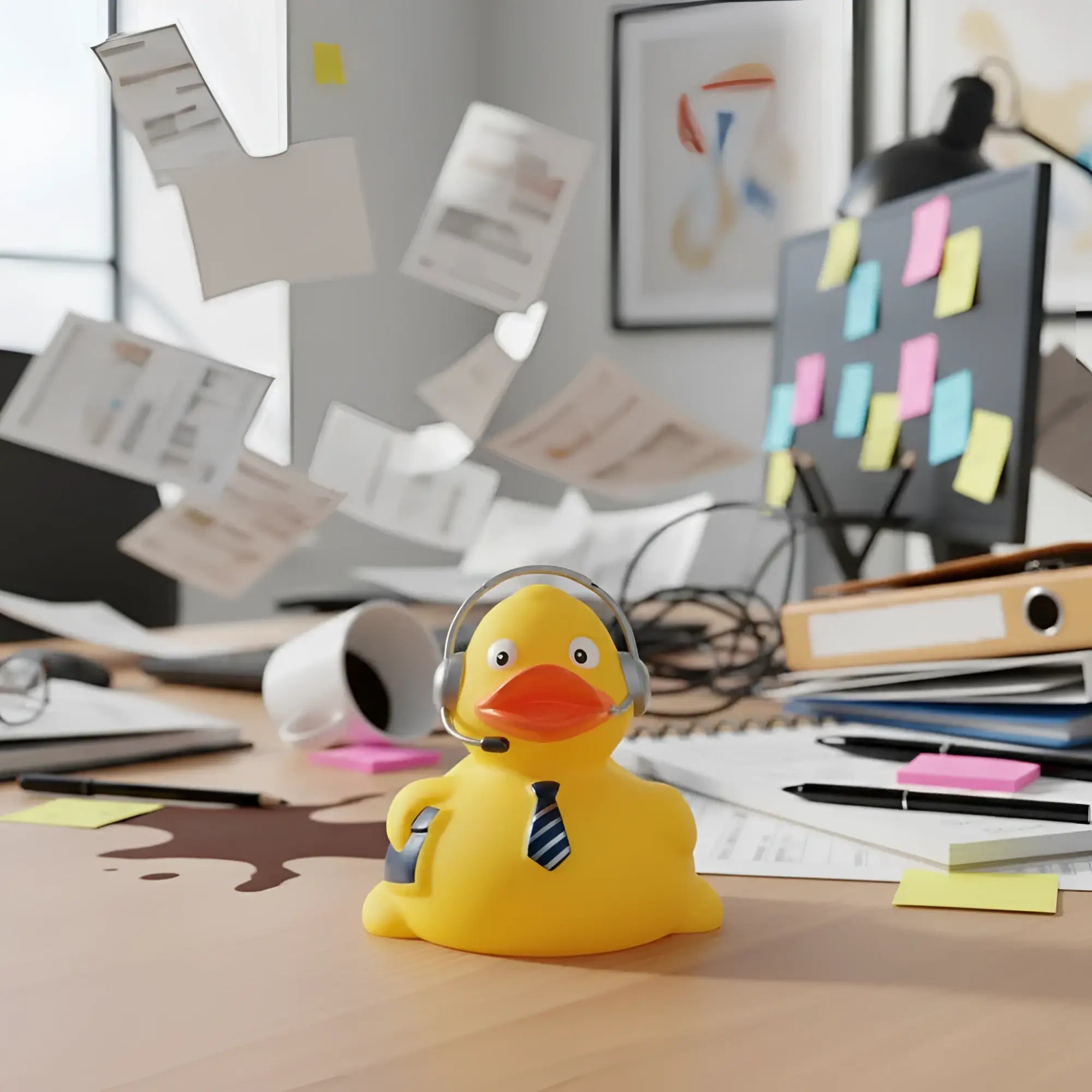 Gelbe badeente mit gestreifter krawatte und aktentasche als büro kaufmann job quietsche-ente