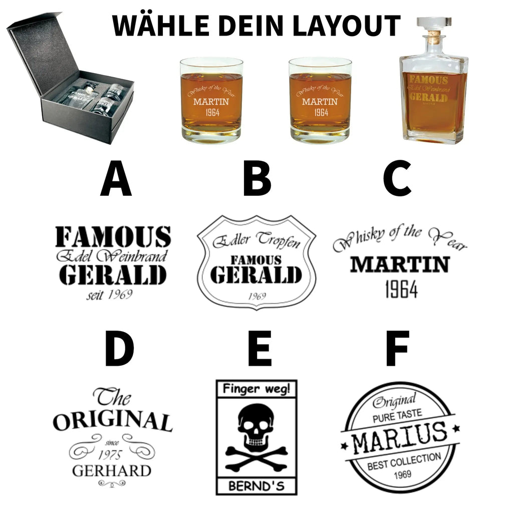 Glas whiskey karaffe mit klarem stopfen und gravur famous gerald aus bundle style geschenkset mit 2 tumblern