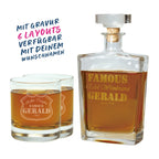 Clear glass whiskey decanter with gold engraved text and cork stopper plus two matching tumblers in gift set