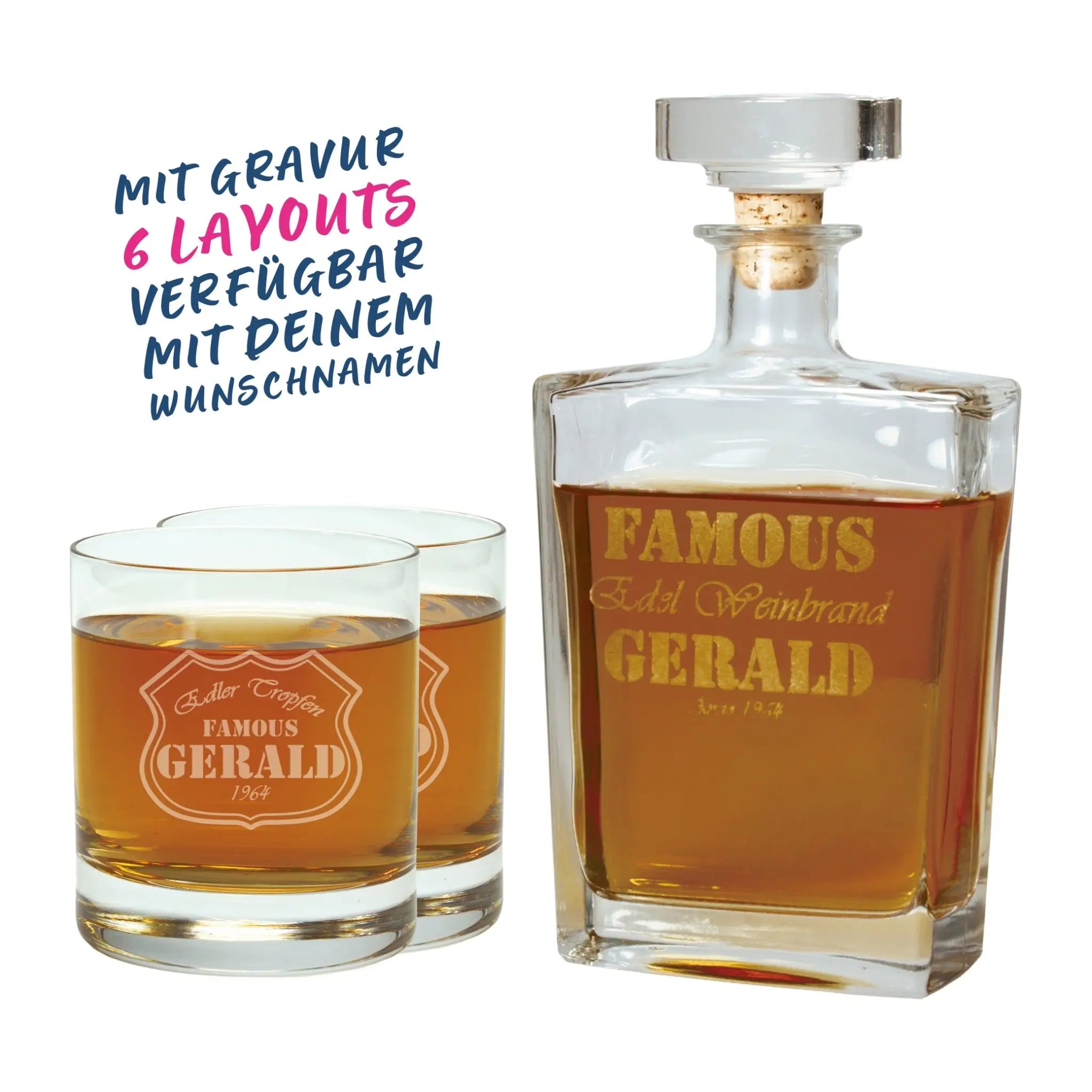 Clear glass whiskey decanter with gold engraved text and cork stopper plus two matching tumblers in gift set