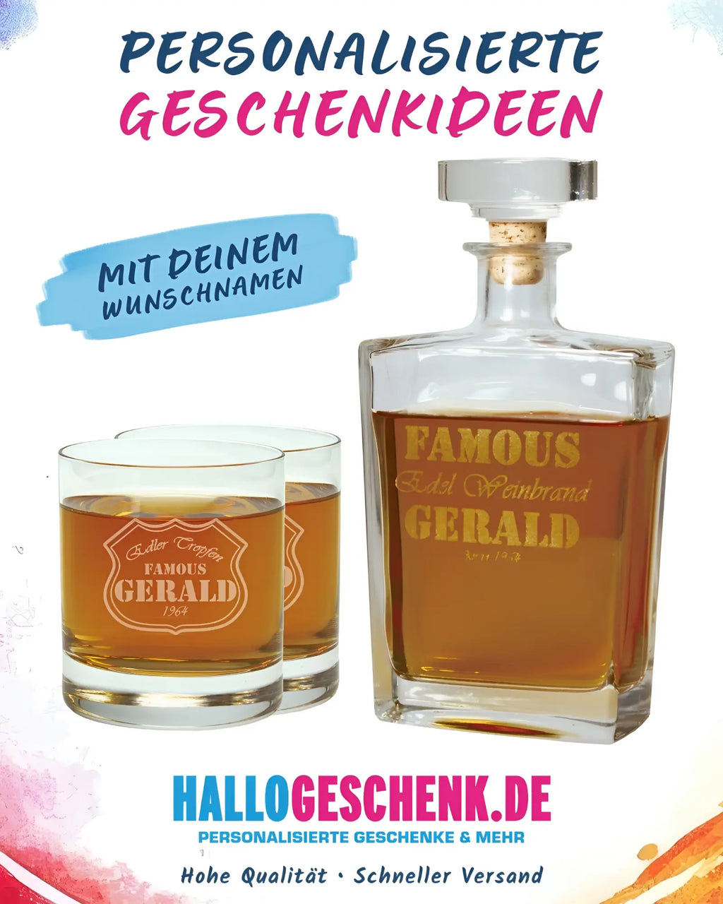 Whiskey style geschenkset mit klarer glas karaffe goldgravur famous gerald und zwei passenden gravierten gläsern