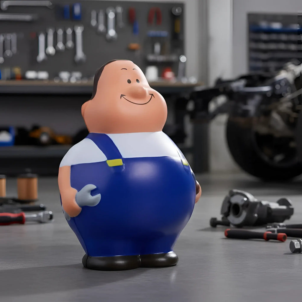 Blaue und weiße cartoonmechanikerfigur schrauber bert mit lächelndem gesicht hält schraubenschlüssel anti-stress-figur