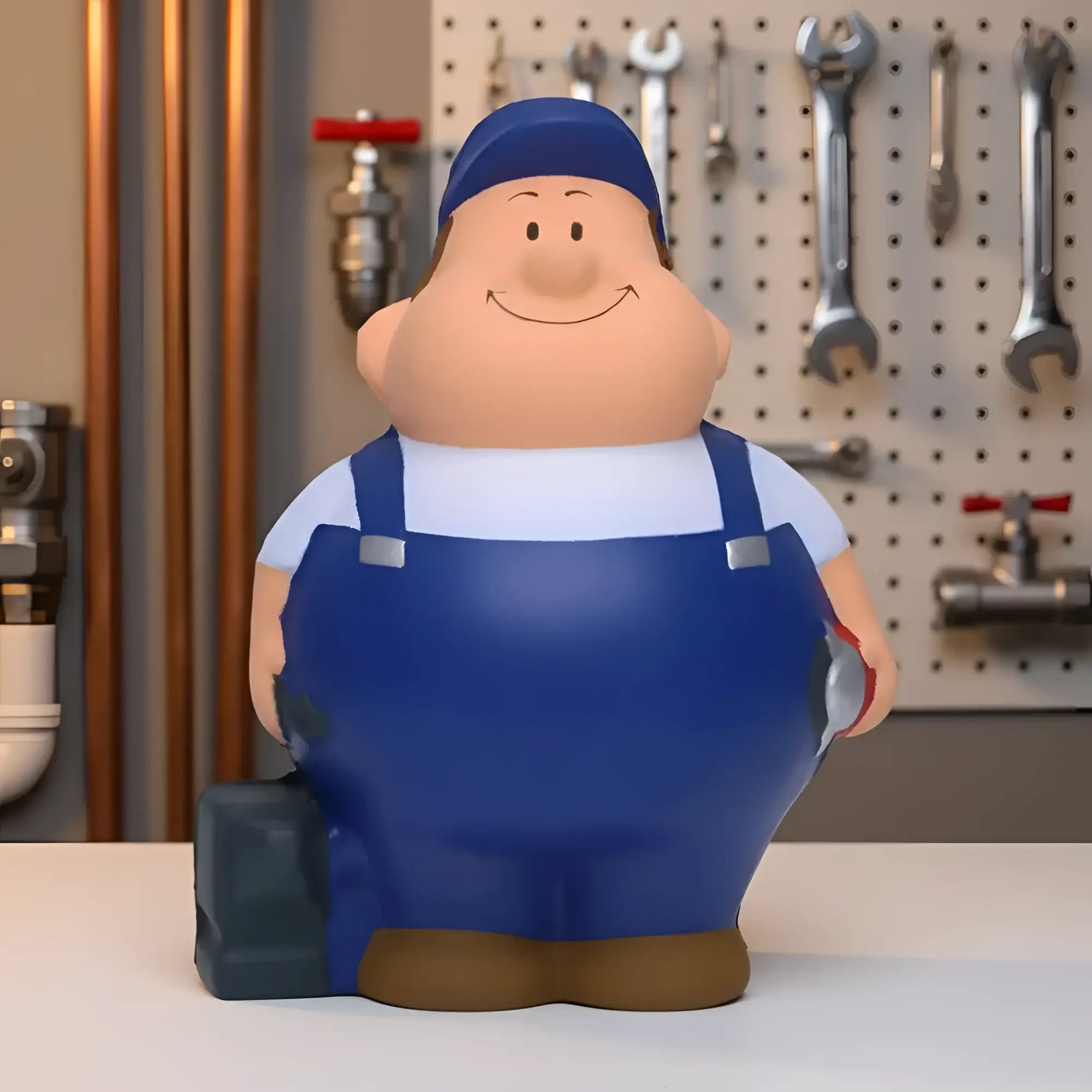 Blaue cartoon-schlosser bert anti-stress-quetsch-figur in kappe und overalls mit braunen schuhen und werkzeugkasten