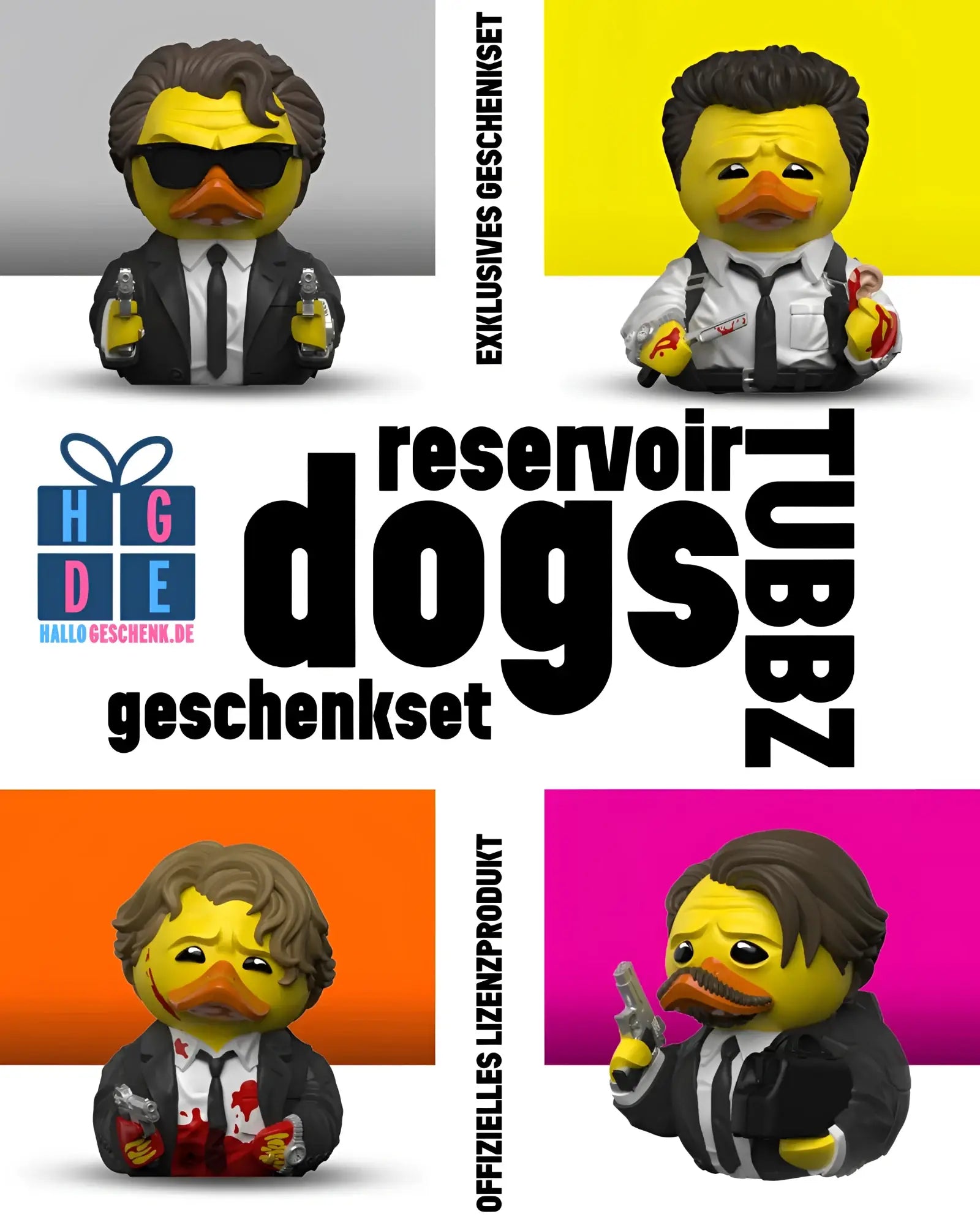 Gelbe gummienten im geschenkset reservoir dogs als charaktere aus dem film mit distinct outfits und accessoires