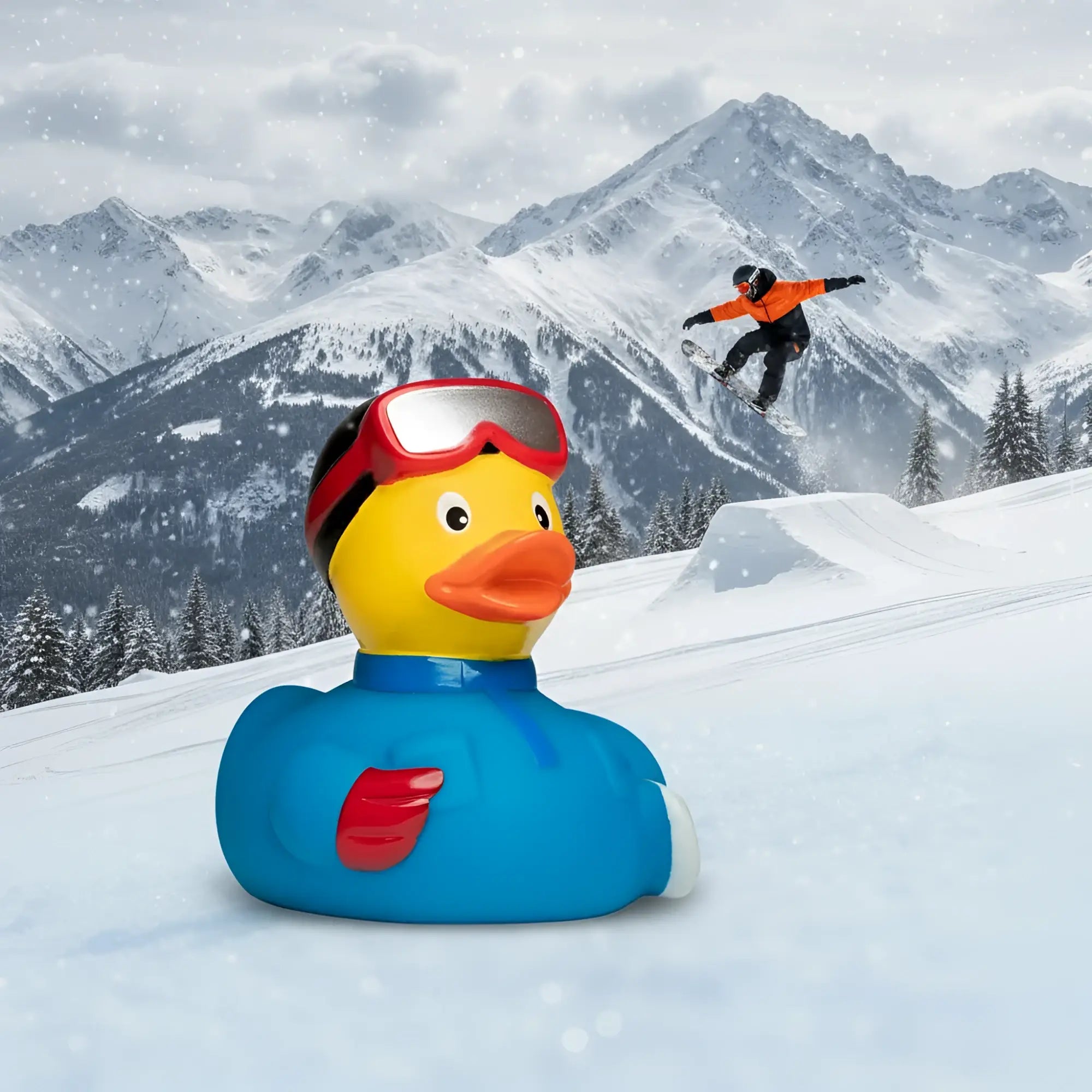 Eine gelbe quietsche-ente im snowboarder-look mit schwarzem helm, roten goggles und blauer skijacke