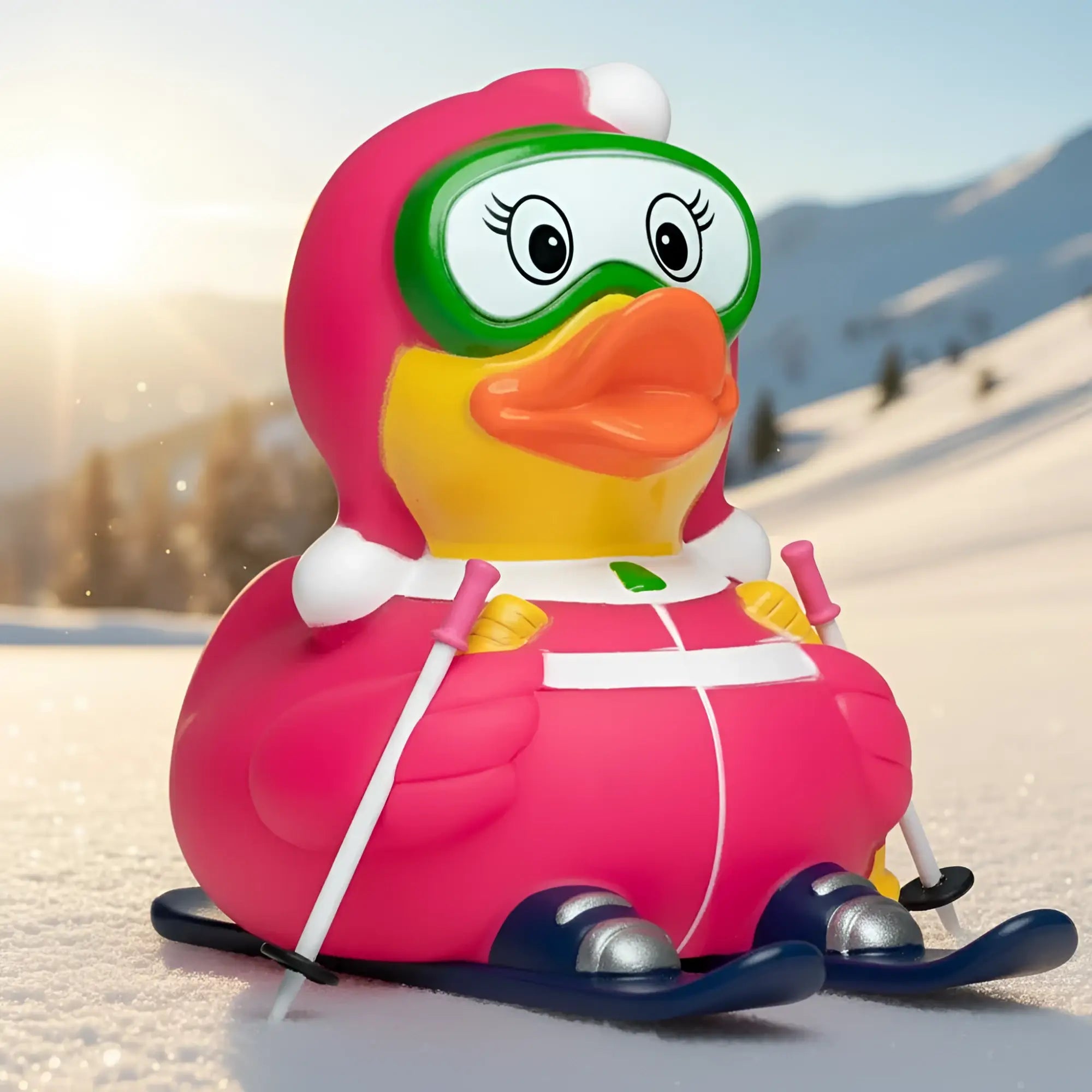 Eine pinke quietsche-ente in einem festlichen skianzug mit grüner brille und gelben handschuhen