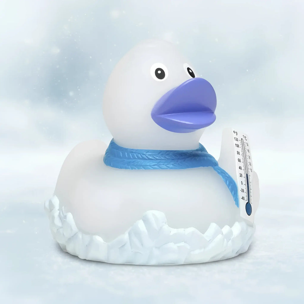 Weiße quietsche-ente frosty mit lila schnabel, blauem seilschal und thermometer ideal fürs bad