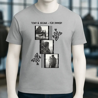 Graues unisex t-shirt aus bio-baumwolle mit schwarz-weiß fotocollage und herz-doodles von gestalte ein fotomotiv