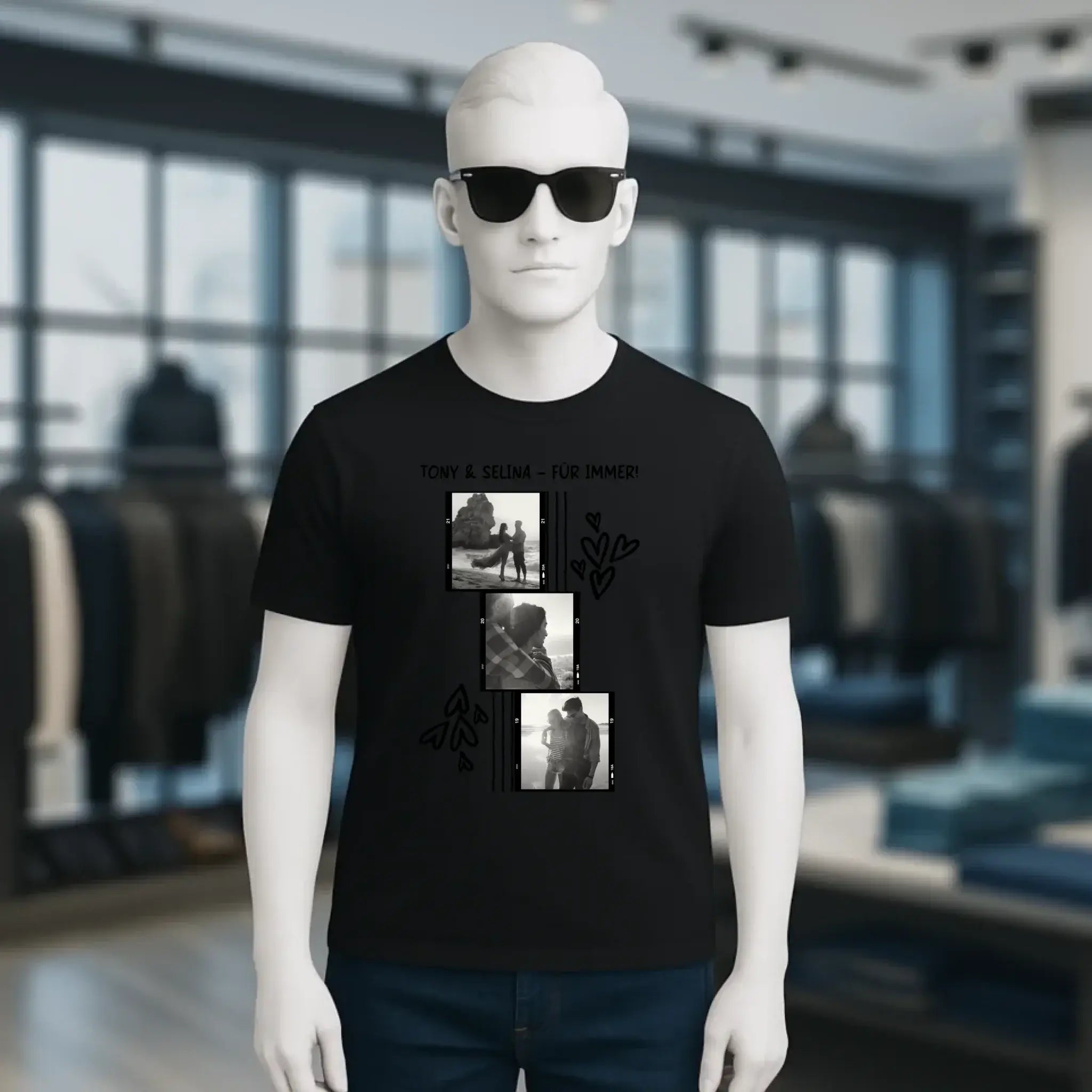 Black unisex bio cotton t shirt mit fotocollage in schwarz weiß und dekorativen herzen von creator 2.0 stanley stella premium