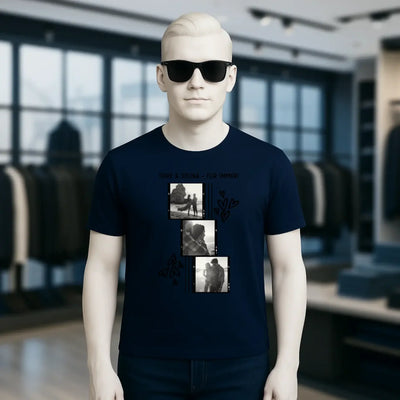 Navyblaues unisex t-shirt aus bio-baumwolle mit schwarzem vintage foto grafikprint von gestalte ein fotomotiv
