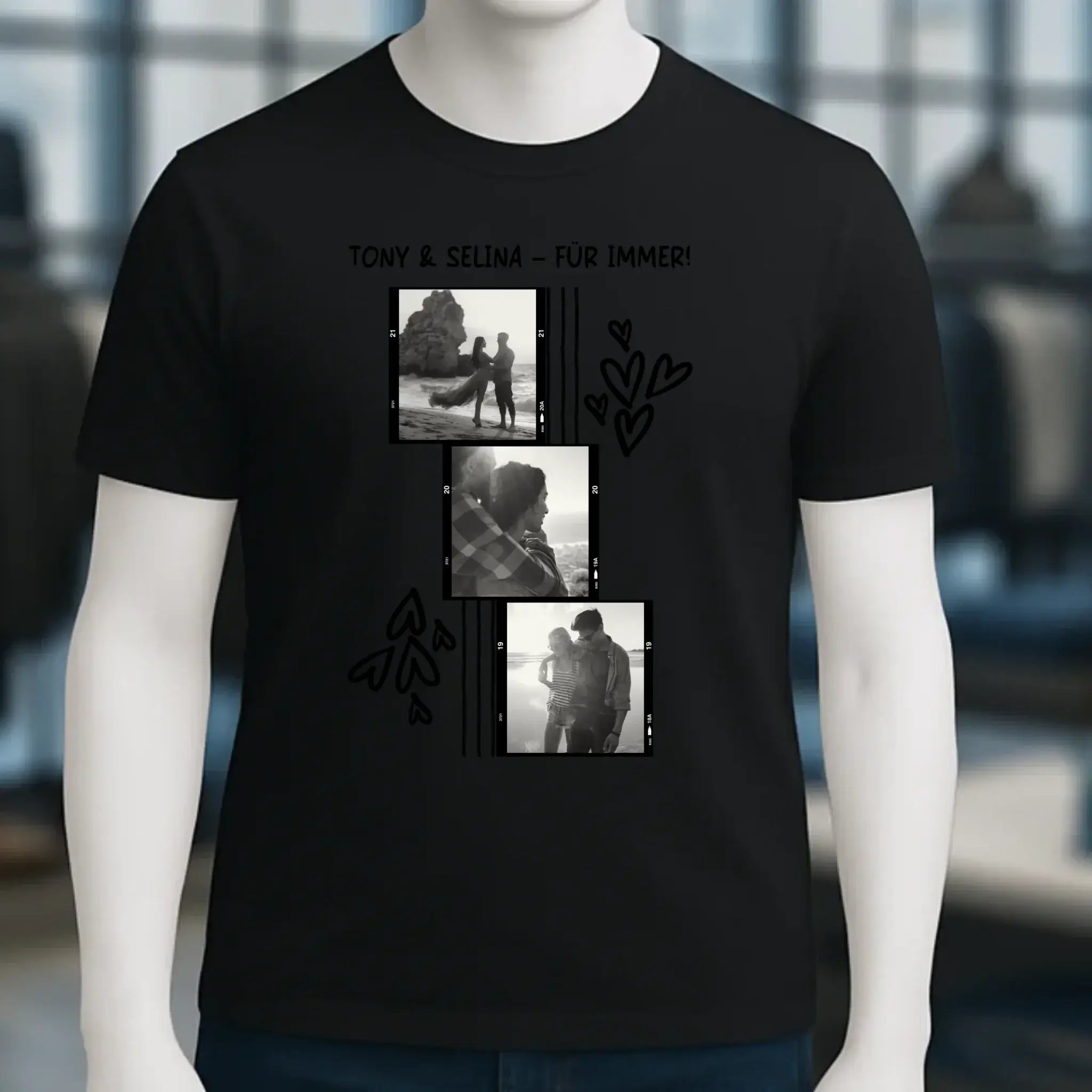 Schwarzes unisex bio baumwoll t shirt mit schwarz weiß foto collage und herz doodles tony und selina für immer