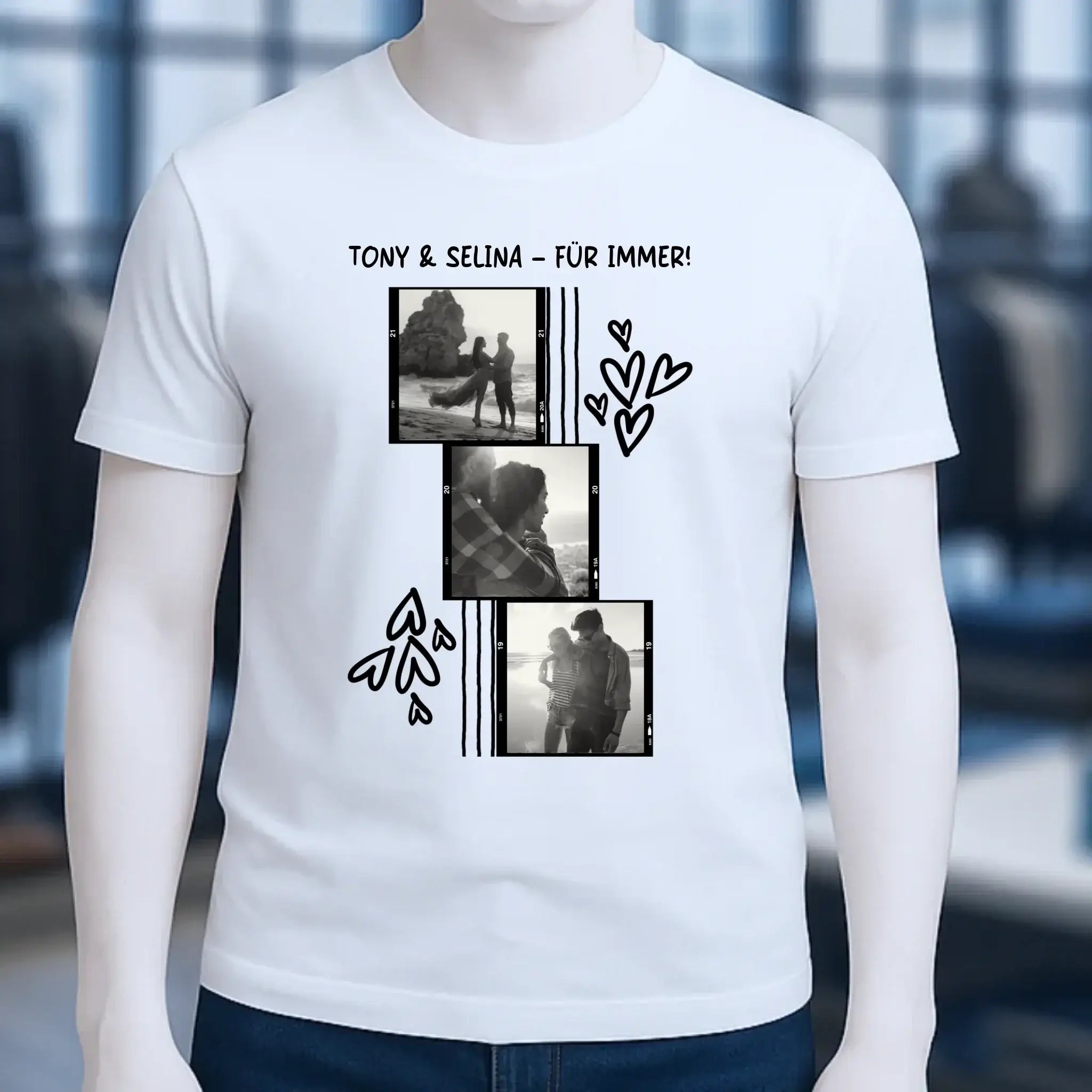 Weißes unisex t-shirt aus bio-baumwolle mit schwarz-weiß fotocollage und text tony & selina für immer