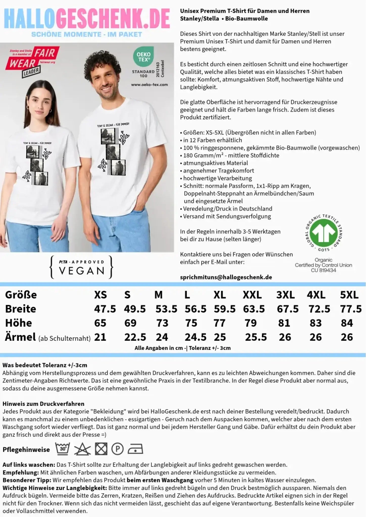 Weißes unisex t-shirt aus bio-baumwolle mit schwarzem vintage-fotodruck zwei personen vor gebäude