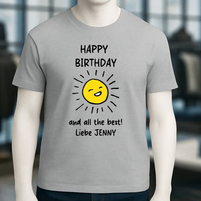 Graues unisex bio-baumwoll-t-shirt mit fröhlicher gelber sonne und text happy birthday und alles liebe jenny