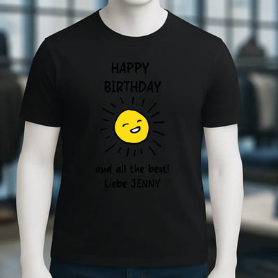 Schwarzes bio-baumwolle unisex t-shirt mit fröhlicher gelber lächelnder sonne und happy birthday text von creator 2.0 stanley stella