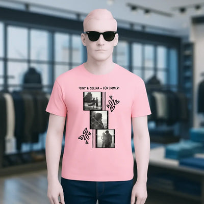 Rosa unisex t-shirt aus bio-baumwolle mit schwarzem print aus drei fotos und herzen von creator 2.0 stanley stella