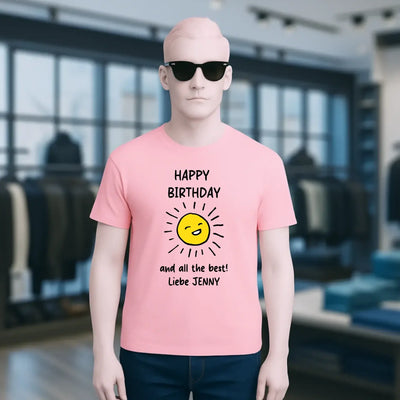 Pink unisex t-shirt aus bio baumwolle mit gelber sonnengrafik und text happy birthday liebe jenny premium qualität