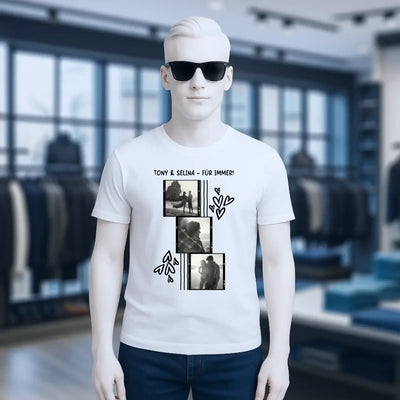 Weißes unisex bio-baumwoll-t-shirt von stanley stella mit schwarzen fotos und herz-designs in premium-qualität