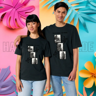Schwarzes unisex bio-baumwoll t-shirt mit schwarz-weißer collage von romantischen tonyselina szenen und floralen mustern