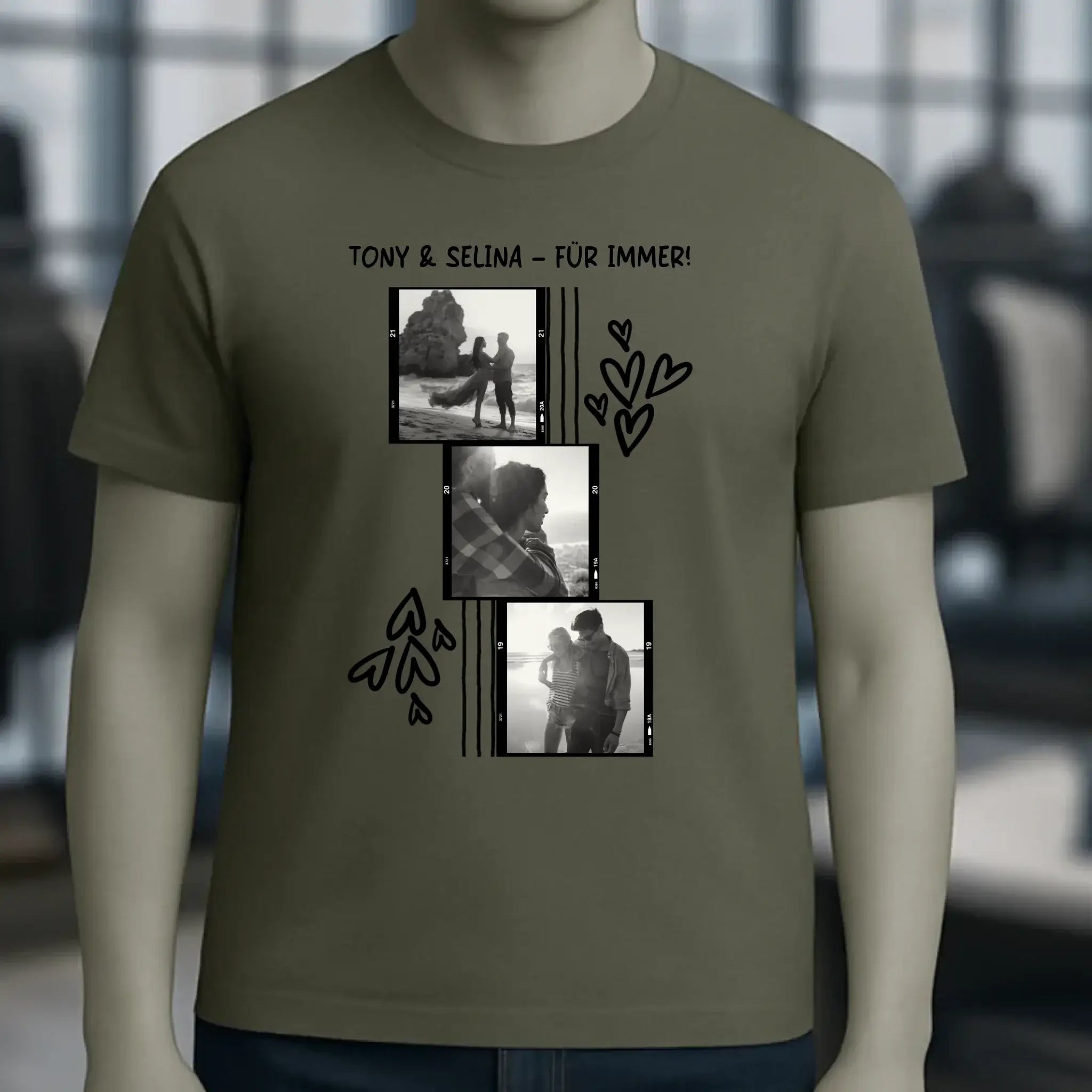 Olivegrünes unisex t-shirt aus bio-baumwolle mit fotocollage von zwei personen und text tony & selina für immer