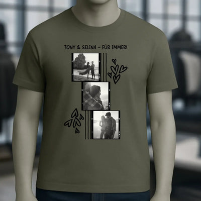 Olivegrünes unisex t-shirt aus bio-baumwolle mit fotocollage von zwei personen und text tony & selina für immer