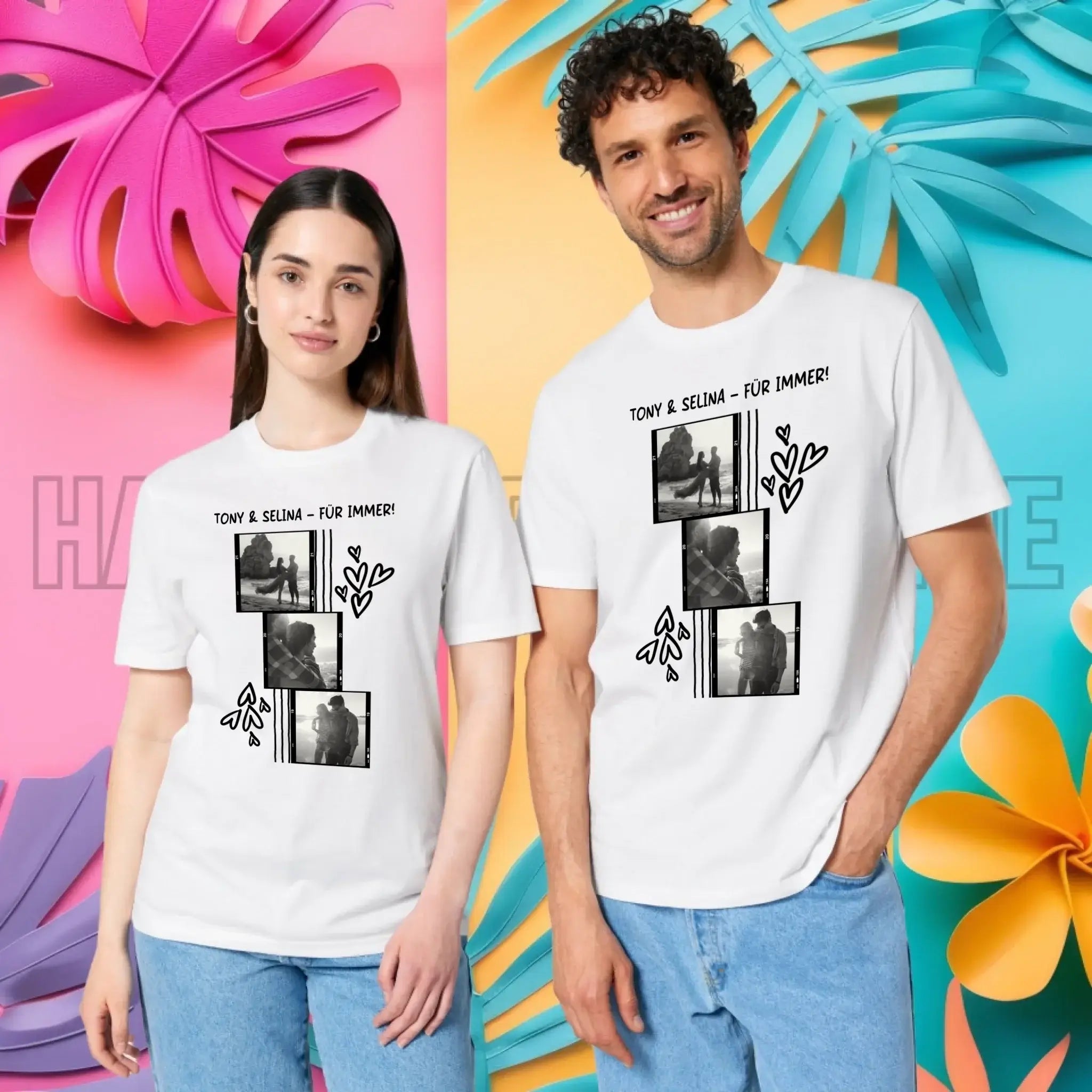 Weiße unisex bio-baumwolle t-shirts mit schwarzem fotomotiv und herzen personalisiert mit tony & selina für immer