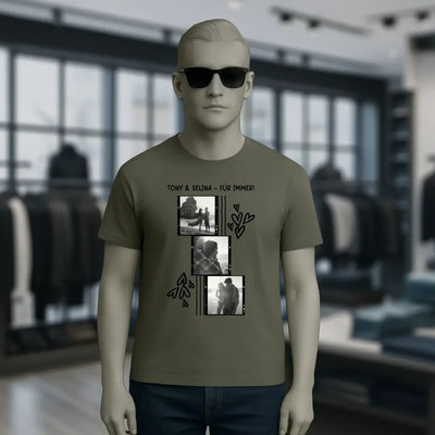 Olivegrünes unisex t-shirt aus bio-baumwolle mit schwarzem vintage-foto-print und herzmotiven von creator 2.0 stanley stella