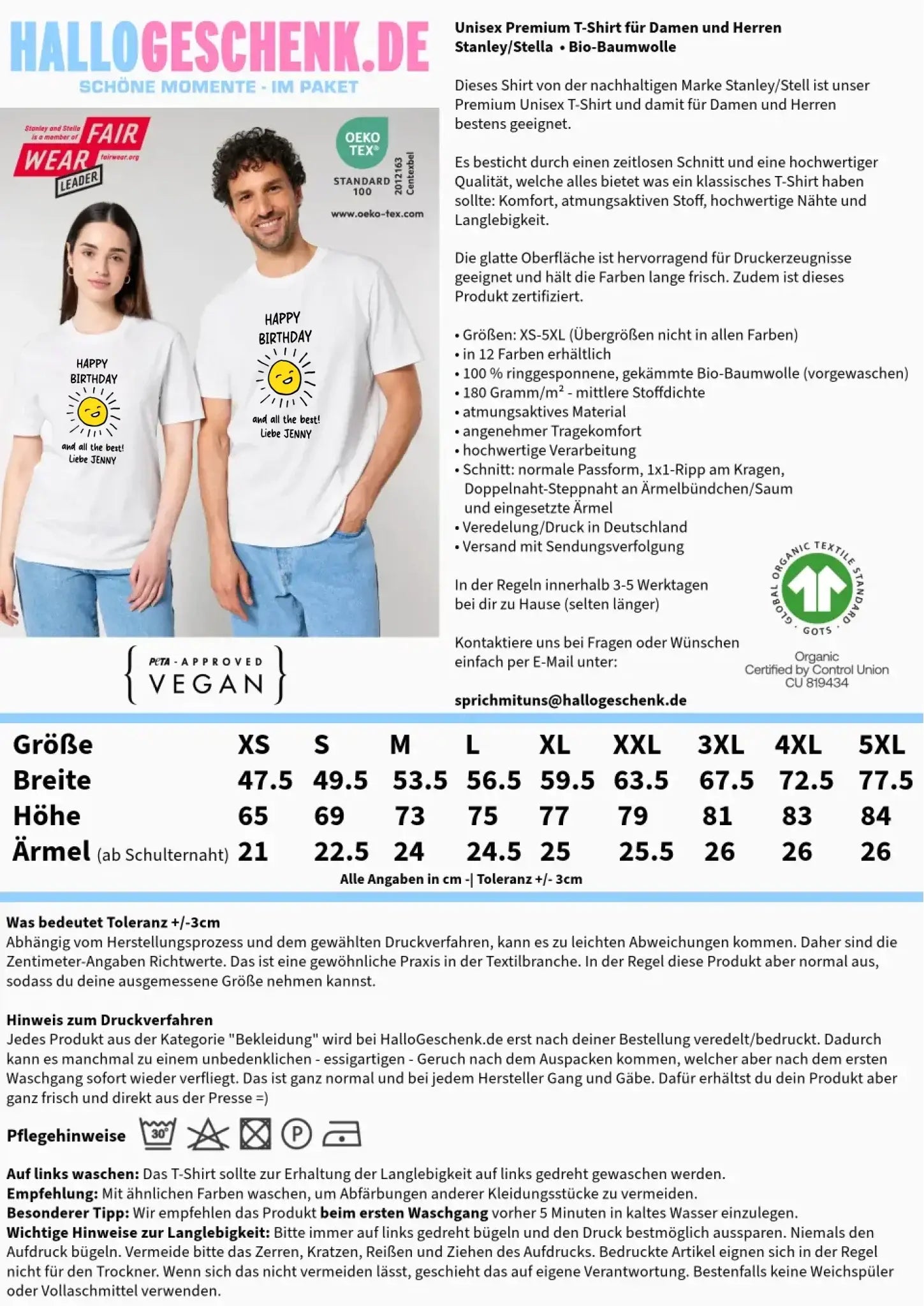 Unisex bio baumwolle t-shirt von stanley stella mit gelbem smiley und happy birthday motiv auf der vorderseite