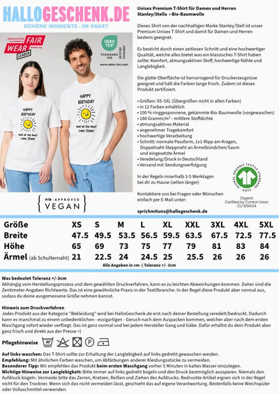 Unisex bio baumwolle t-shirt von stanley stella mit gelbem smiley und happy birthday motiv auf der vorderseite