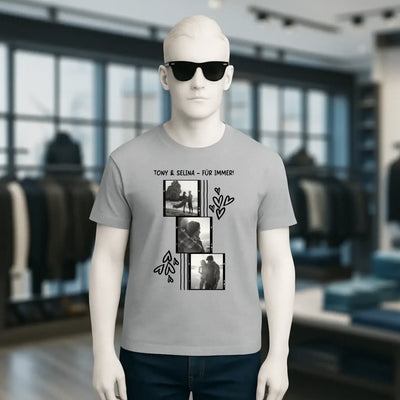Graues unisex bio-baumwoll-t-shirt mit fotocollage von zwei personen und herzmotiv mit tony & selina für immer text