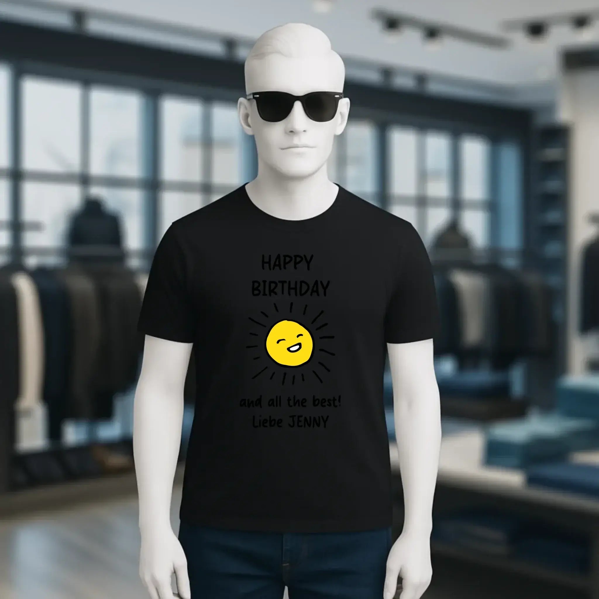 Schwarzes unisex t-shirt aus bio-baumwolle mit fröhlicher gelber sonne und happy birthday liebe jenny text