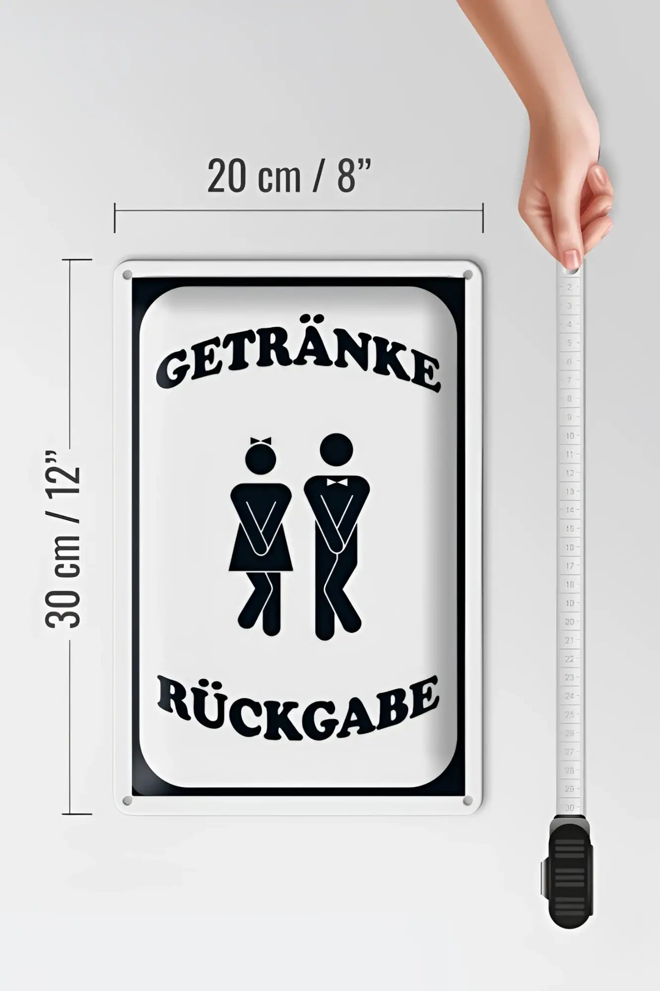 Weißes rechteckiges blechschild 20x30cm mit schwarzem text getränke rückgabe und stilisierten figuren für den einsatz