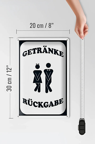 Weißes rechteckiges blechschild 20x30cm mit schwarzem text getränke rückgabe und stilisierten figuren für den einsatz
