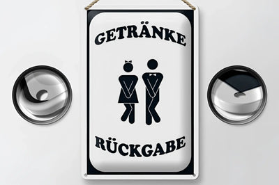 Weißes blechschild 20x30cm mit schwarzem text getränkerückgabe und pictogrammen für die rückgabe