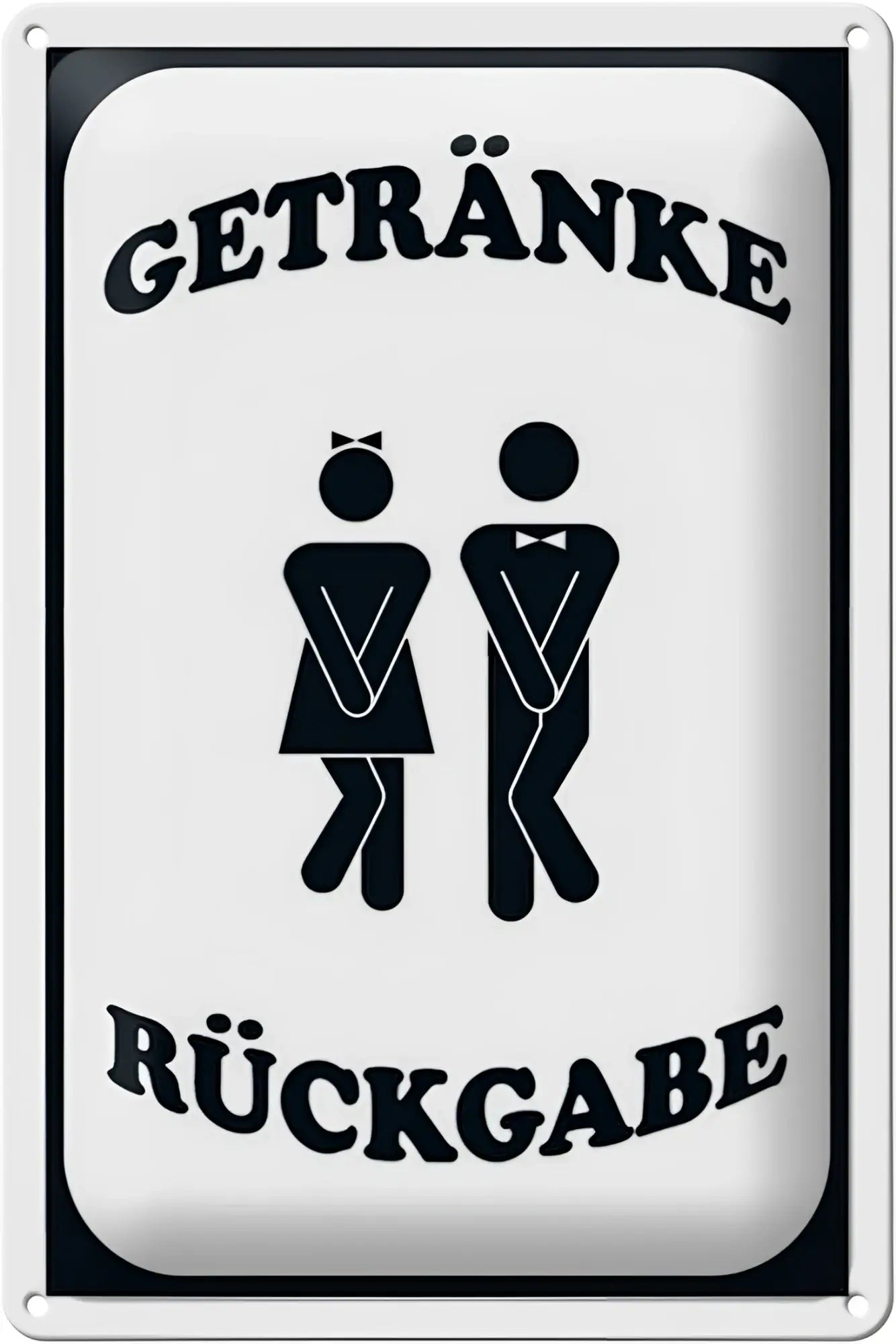 Weißes rechteckiges blechschild 20x30cm mit schwarzer schrift und männlich weiblichen symbole für getränkerückgabe