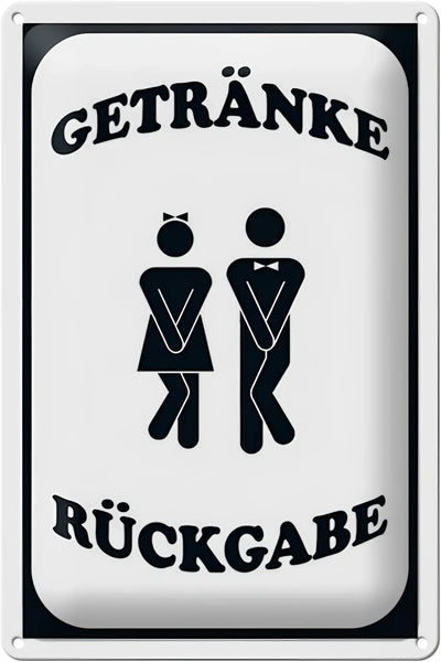 Weißes rechteckiges blechschild 20x30cm mit schwarzer schrift und männlich weiblichen symbole für getränkerückgabe