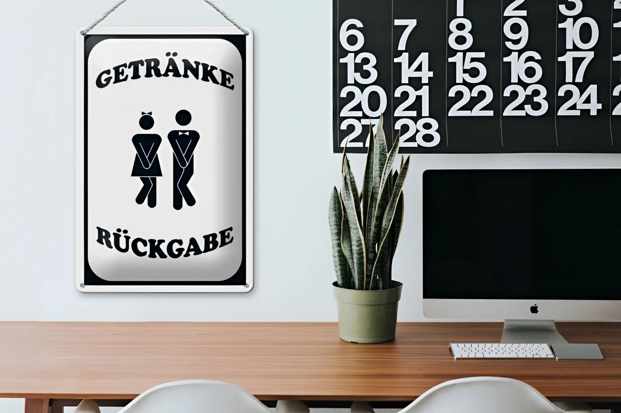 Weißes blechschild 20x30 cm mit schwarzem text und silhouetten getränkerückgabe zum aufhängen