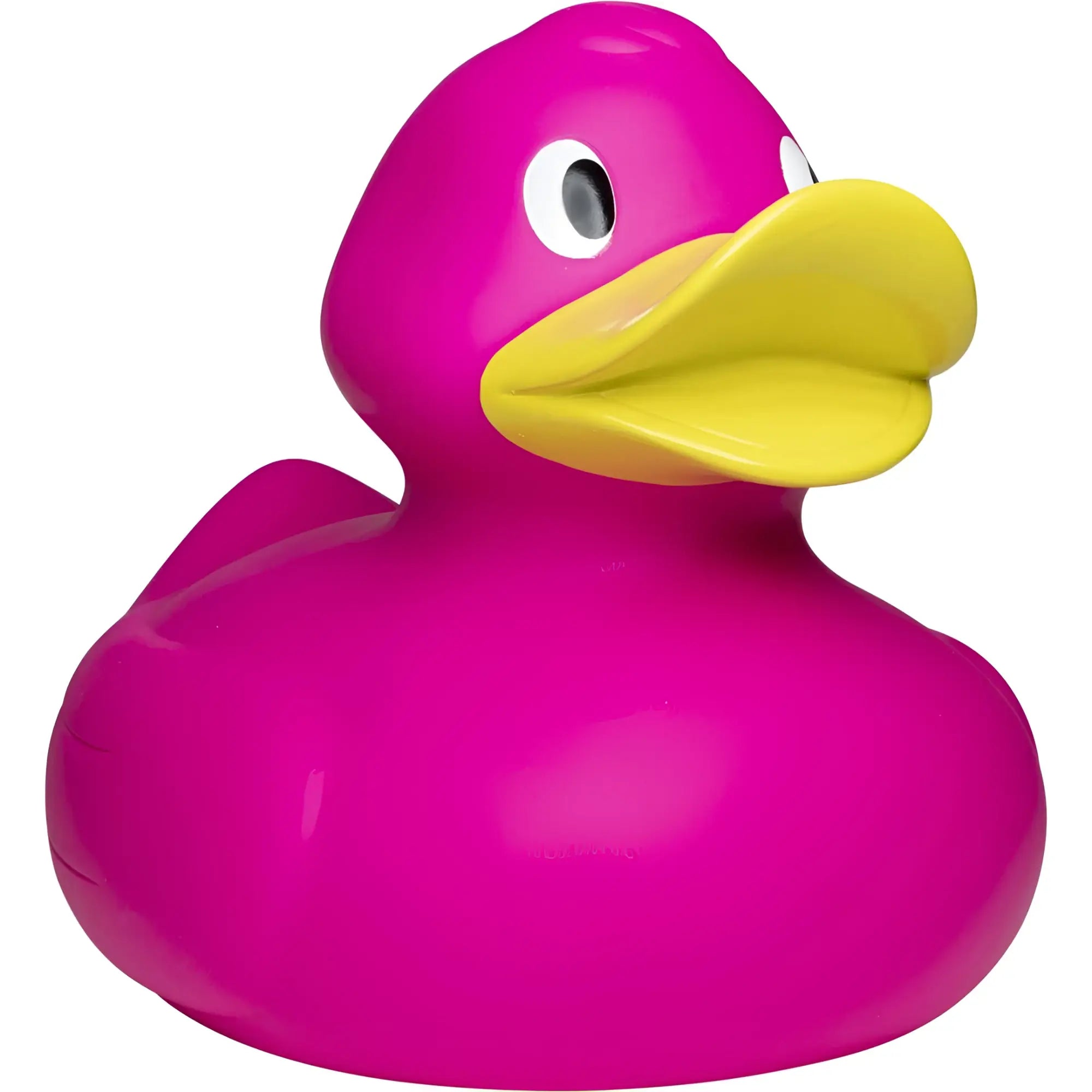 Eine riesige quietsche-ente in pink mit gelbem schnabel und einfachen weißen augen aus gummi für badezeit