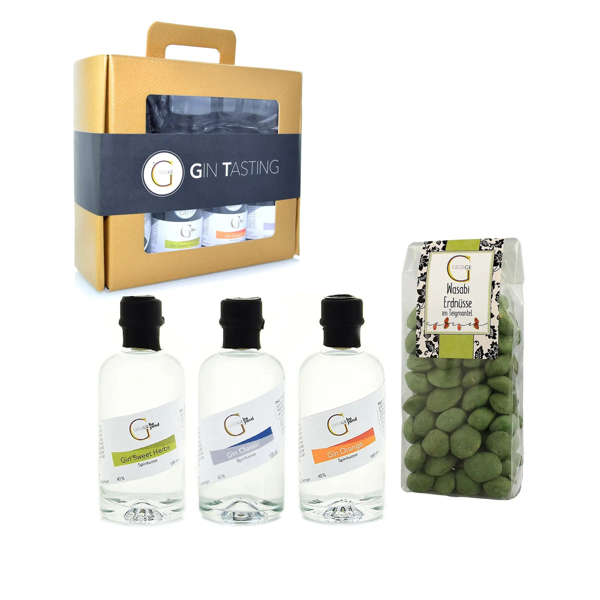 Gin tasting geschenkset goldene box mit klarem fenster schwarzem band und drei kleinen ginflaschen innen