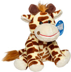 plüschtier giraffe gabi mit braun-cremefarbenem fell, weichen stoffohren und einer buschigen mähne