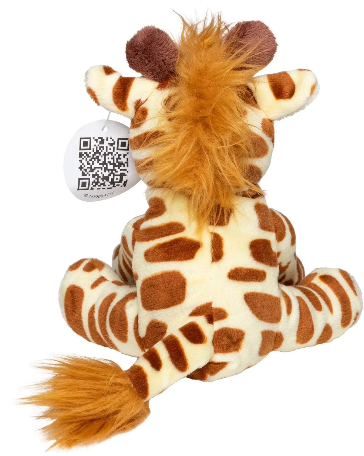 Kuscheliges plüschtier giraffe gabi mit cremefarbenem körper, braunen punkten und flauschiger oranger mähne und schwanz