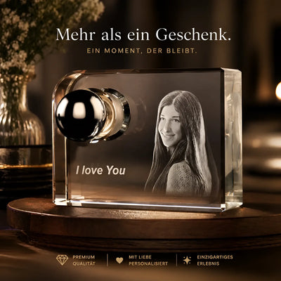 Glas-leuchte 3d foto lasergravur rechteckiger kristall mit schwarzem gold kugelknopf und graviertem lächelnden frauenportrait text ich liebe dich