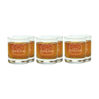 Set aus sechs klaren whiskeygläsern mit graviertem schildmotiv und goldrand personalisiert mit famous gerald 1964