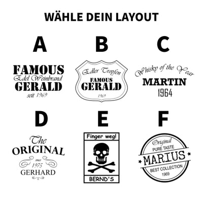 Schwarze weiße grafik mit sechs Logo designs bis f zur glas mit gravur whiskey style 320 ml auswahl
